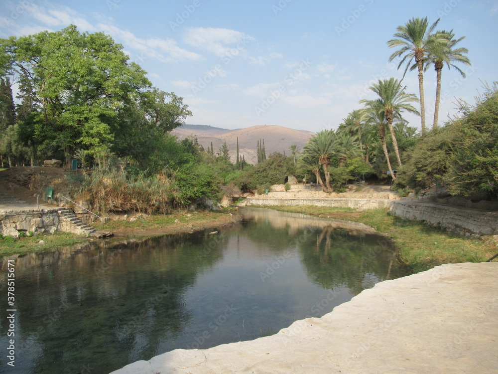 Stunning pool and view at Sachne Park, Israel, with Gilboa Mountains seen in the background Stunning pool and view at Sachne Park, Israel, with Gilboa Mountains seen in the background