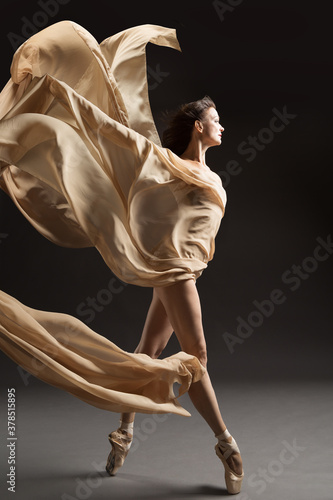 Leinwand Poster Ballerina Dance with Silk Fabric, Ballet Dancer in Pointe Shoes, Flying Beige Cl