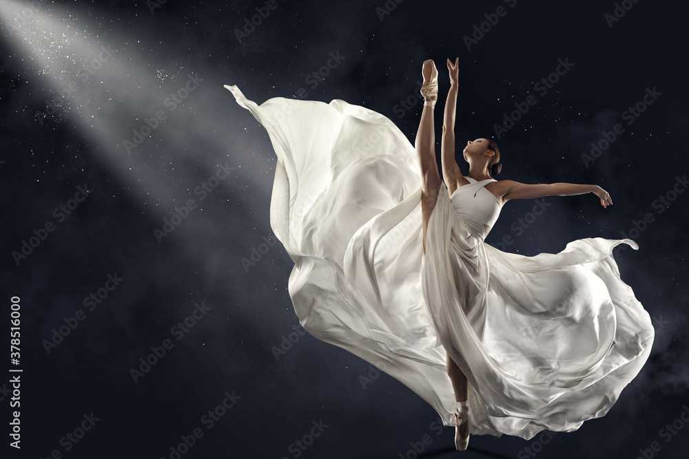 Ballerina Jumping in White Silk Dress, Modern Ballet Dancer in Pointe Shoes, Fluttering Waving Cloth, Gray Background - obrazy, fototapety, plakaty 