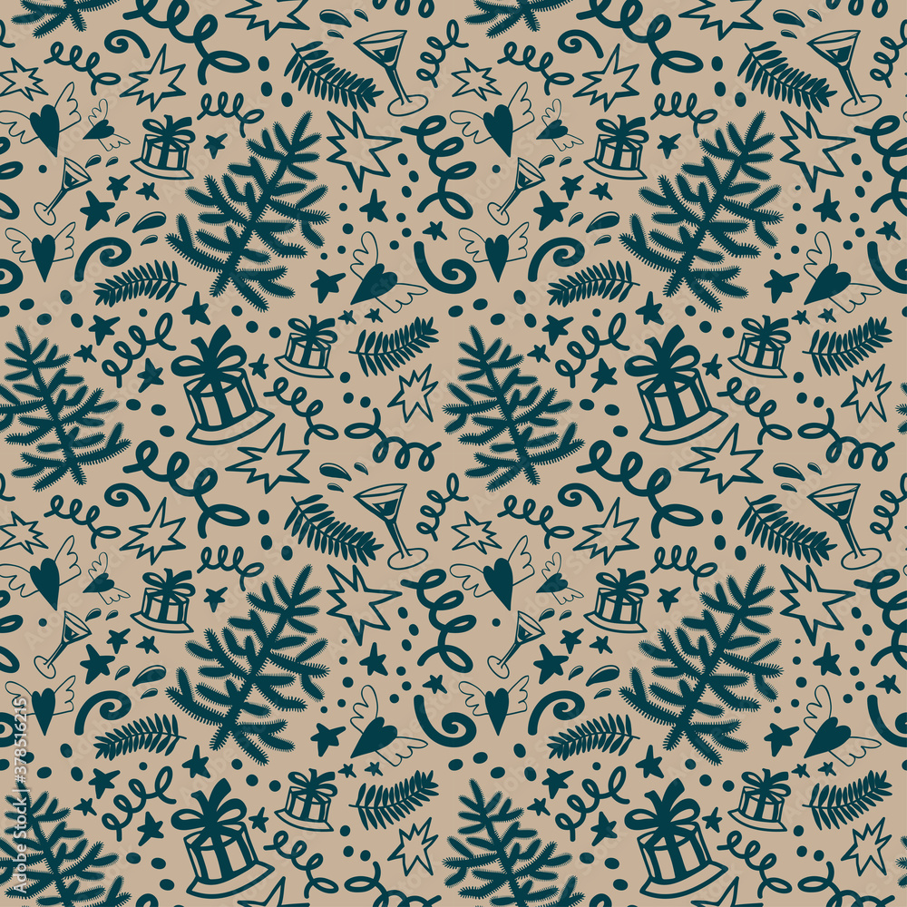 Doodle style Christmas seamless design with attributes of New Years celebration on wrapping paper. Christmas trees, garlands, candy, gifts, glasses, happiness. Doodle style Christmas seamless design with attributes of New Years celebration on wrapping paper. Christmas trees, garlands, candy, gifts, glasses, happiness.