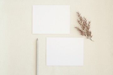 Two empty greeting cards, thank you cards, 2 blank card mockups  for design presentation, wedding stationery, neutral colors, top view.