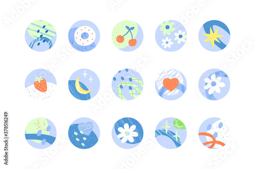 Big set of various highlight covers. Abstract backgrounds. Different shapes, lines, spots, doodles and magic objects. Hand drawn elements. Round icons for social media stories. Perfect for bloggers.