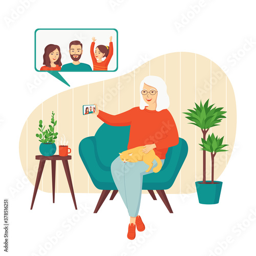 Happy elderly gray-haired woman talking on video call with her children.Concept of remote communication with pensioners via a smartphone. Using modern technology in retirement. Vector illustration