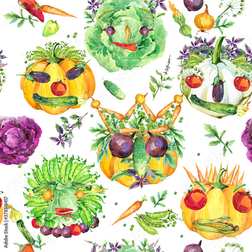 Organic food seamless pattern. Watercolor hand drawn vegetables illustration. 