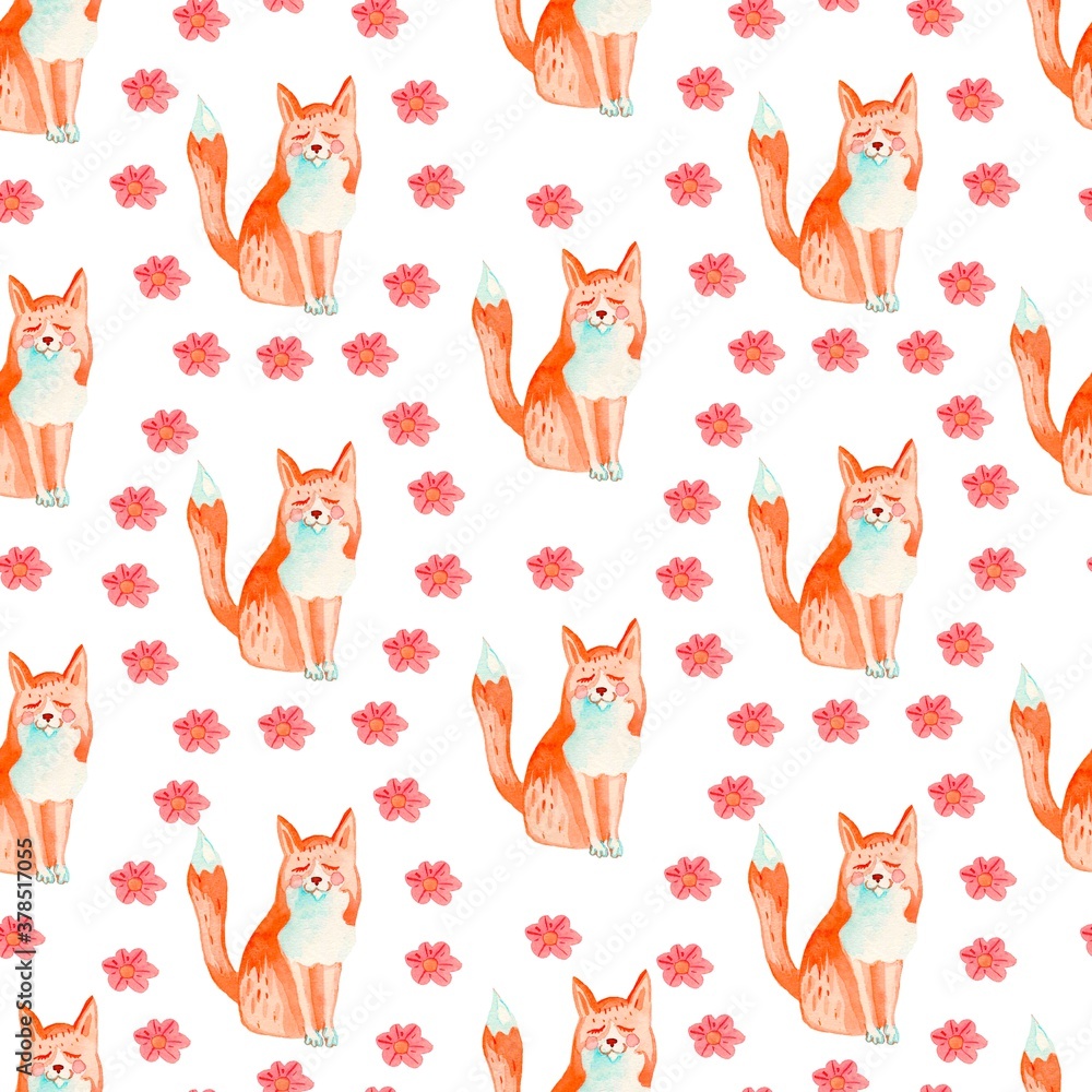 Seamless watercolor pattern with fox,primrose.Print with a cute animal on a white isolated background.Ornament in delicate spring flowers.Design for fabric,textiles,wrapping paper. Seamless watercolor pattern with fox,primrose.Print with a cute animal on a white isolated background.Ornament in delicate spring flowers.Design for fabric,textiles,wrapping paper.