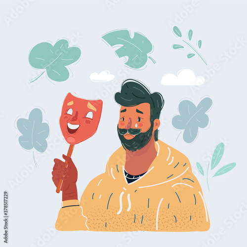 Vector illustration of young man taking off happy mask revealing true sad face