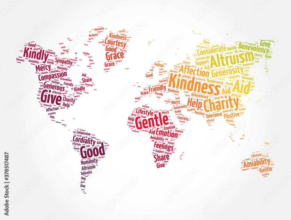 Kindness word cloud in shape of world map, concept background Kindness word cloud in shape of world map, concept background