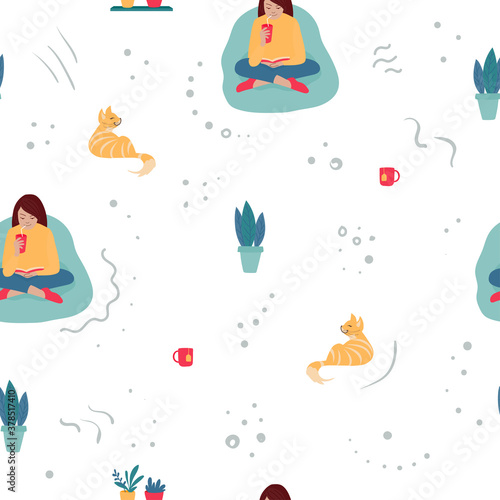 Vector seamless pattern with a girl in a bright clothing sitting on a blue beanbag chair, drinking a cocktail and reading a book. A yellow cat and a bowl with flowers and a cup on the background.