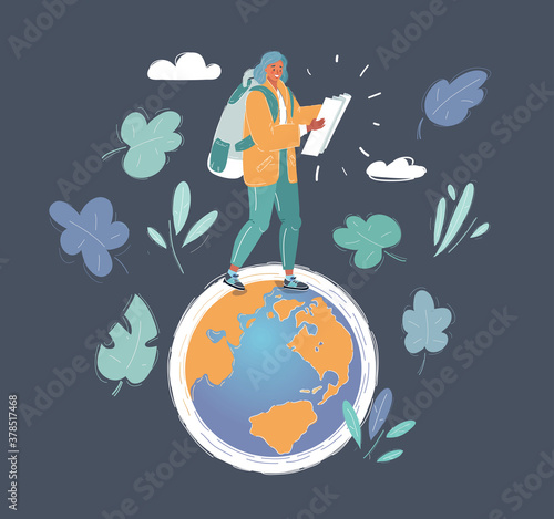 Vector illustration of cartoon man traveling on the earth planet
