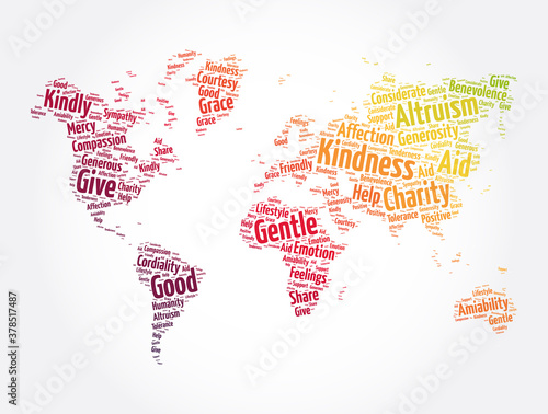 Kindness word cloud in shape of world map, concept background