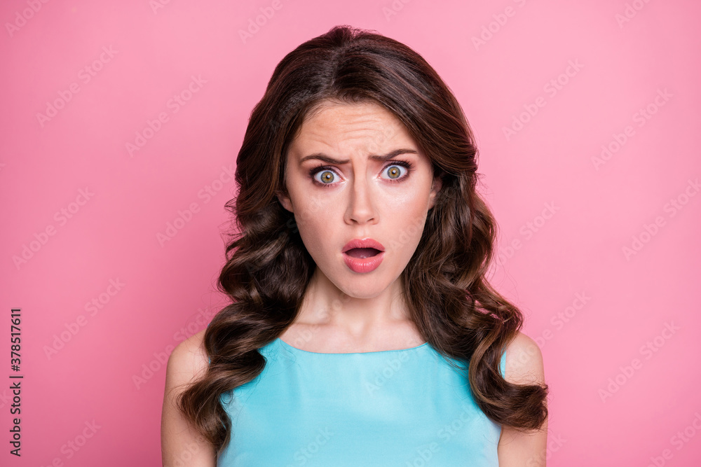 On ho. Closeup photo of attractive crazy shocked wavy lady students event festive party prom canceled quarantine open mouth wear blue dress isolated pastel pink color background On ho. Closeup photo of attractive crazy shocked wavy lady students event festive party prom canceled quarantine open mouth wear blue dress isolated pastel pink color background