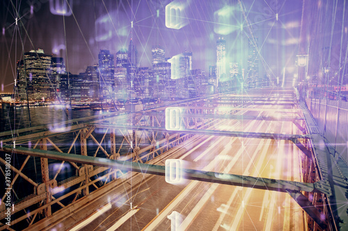Data theme hologram drawing on city view with skyscrapers background double exposure. Ai concept.