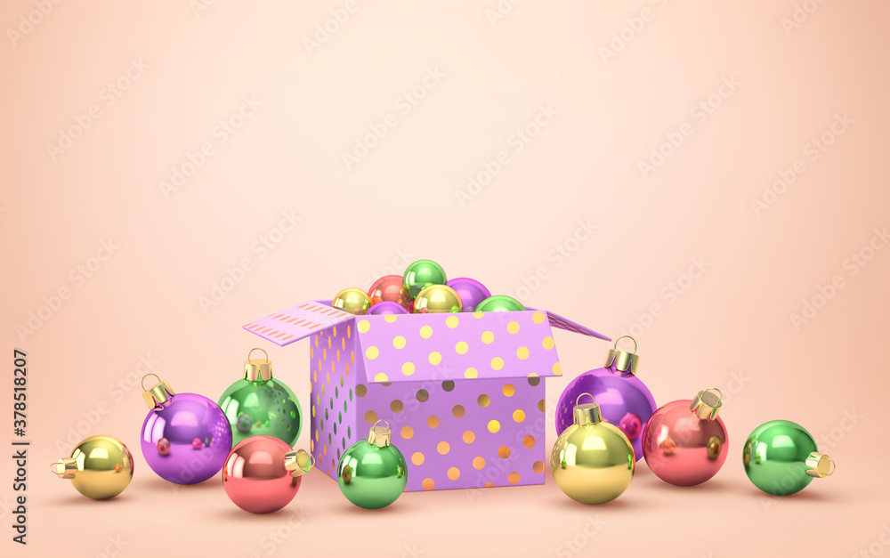 Gift box with christmas balls on beige background