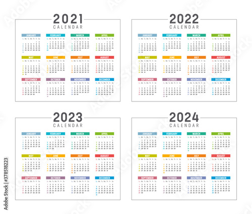 Years 2021 2022 2023 2024 colorful calendars set, isolated on white, weeks start Sunday. Vector templates.