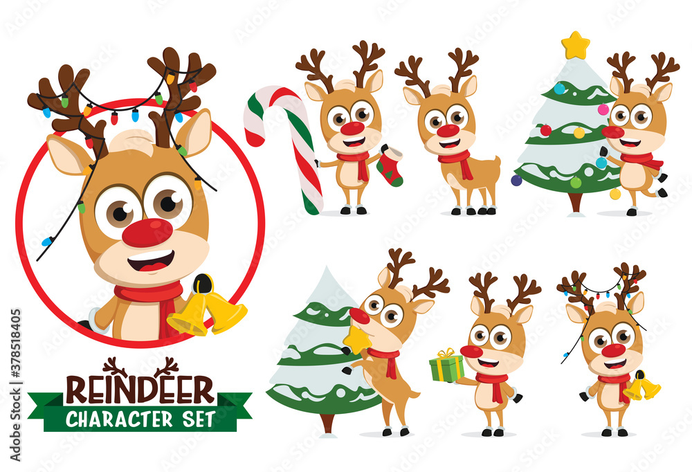 Reindeers vector character set. Reindeer characters in holding bell and candy cane, decorating christmas tree and gift giving for xmas season collection design. Vector illustration   