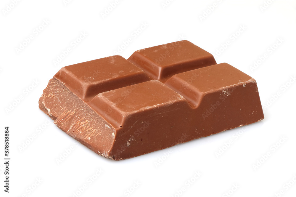 Piece of molded bar of milk chocolate on white background Piece of molded bar of milk chocolate on white background