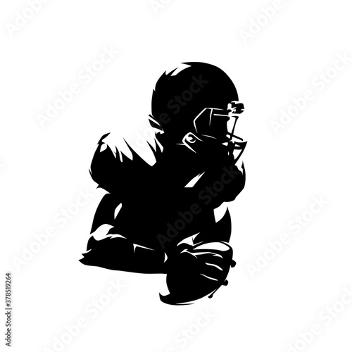 American football player holding ball, football logo. Isolated vector silhouette. Ink drawing