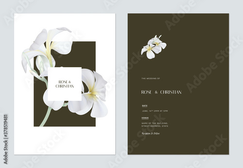 Floral wedding invitation card template design, plumeria flowers on dark yellow