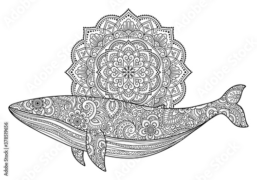 Decorative ornament in ethnic oriental style. Circular pattern in form of mandala decorated with flowers whale for Henna, Mehndi, decoration. Doodle outline hand draw vector illustration.