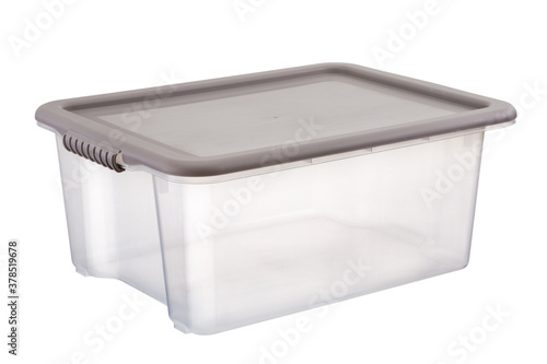 transparent plastic storage containers on white background