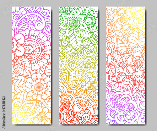 Set of design yoga mats. Floral pattern in oriental style for decoration sport equipment. Colorful ethnic Indian ornaments for spiritual serenity. Decor of business card, poster, print in henna tattoo