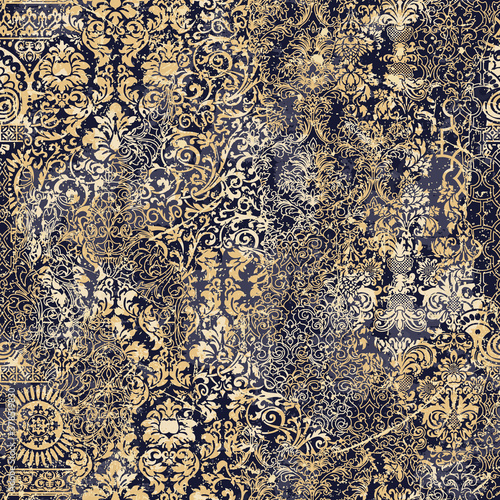 Baroque and Damask arabesque motifs ripped abstract patchwork wallpaper grunge vector seamless pattern