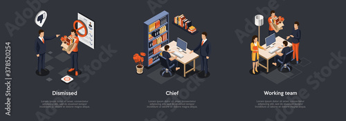 Job Search Concept. Set Of Compositions With Boss And Dismissed Employee, Chief Giving Recomendations, Working Team At Workplace, Work In Process. 3d Isometric Vector Illustration On Grey Background