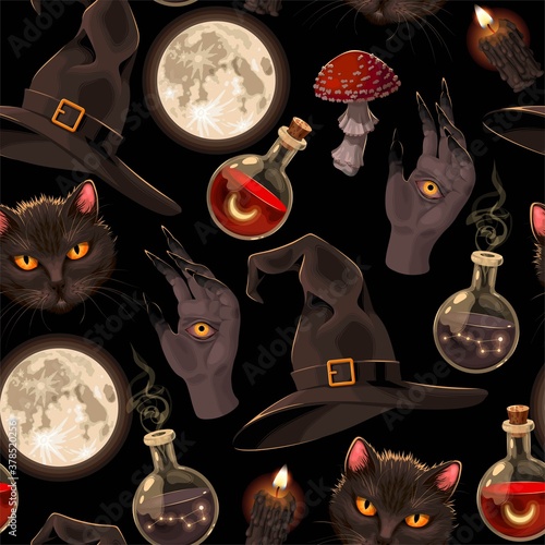 Seamless pattern with witch hats and moon