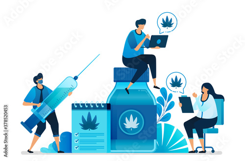 Cannabis and marijuana illustrations for research for health. Ganja is health commodities, drug, oils and herbs. Can be used for landing page, website, web, mobile apps, flyer banner, template, poster