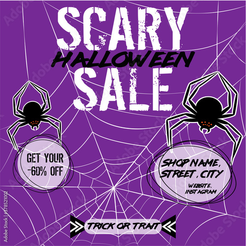 Halloween sale -60% off banner template with spiders. Vector lettering banner