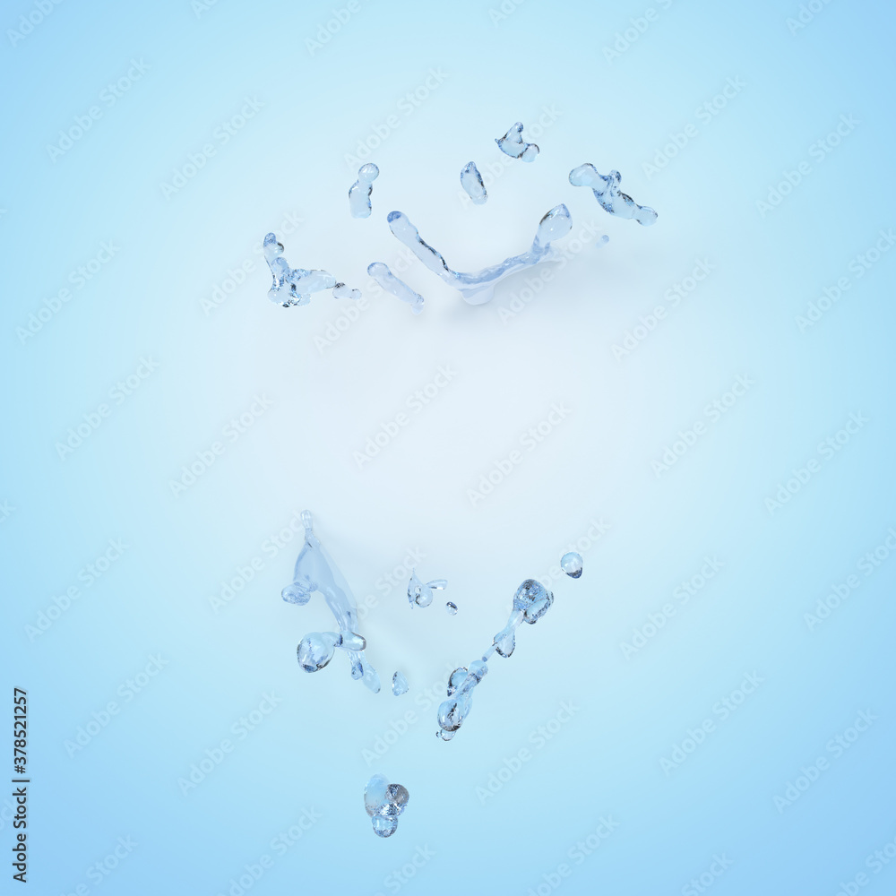 3d render. Water splash, translucent liquid wavy jet isolated on blue background 3d render. Water splash, translucent liquid wavy jet isolated on blue background
