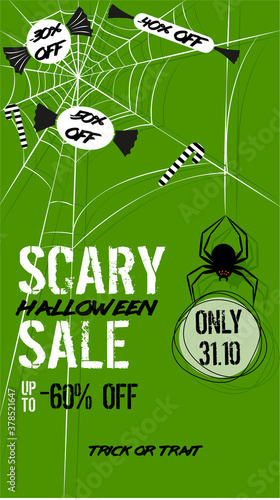 Halloween offers banner with spiders. The concept for stories, flyers, advertising banners, etc. Vector lettering banner.