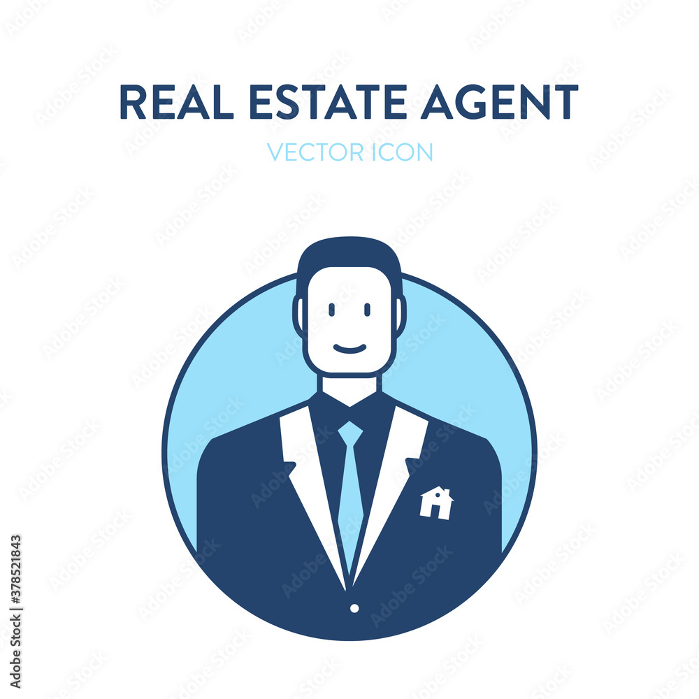 Real estate agent profile portrait. Vector illustration of a smiling male real estate agent wearing suit with house building logo. Avatar image of a man selling property Real estate agent profile portrait. Vector illustration of a smiling male real estate agent wearing suit with house building logo. Avatar image of a man selling property
