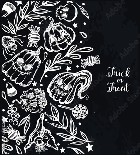 Vector illustration, Happy Halloween, pumpkins, mysticism, evil spirits,leaves. Handmade, prints on T-shirts, background chalkboard