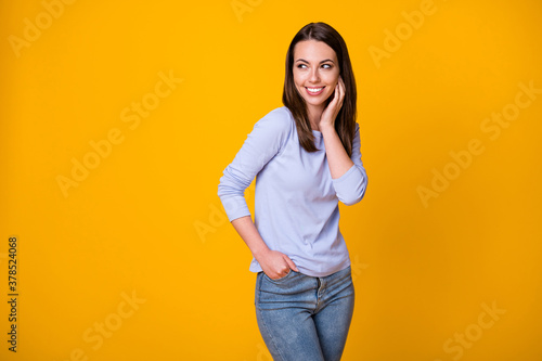 Photo of lovely nice girl look copyspace see cute guy want attract wear shirt isolated over vibrant color background