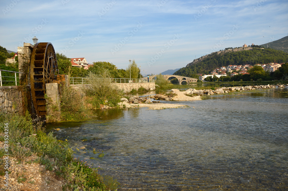 view of Trebinje town on the banks of river Trebisnjica, Bosnia and Herzegovina