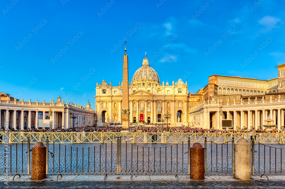 View of St Peter Basilica and Piazza San Pietro in Vatican City, Rome, Italy. Famous Roma landmark