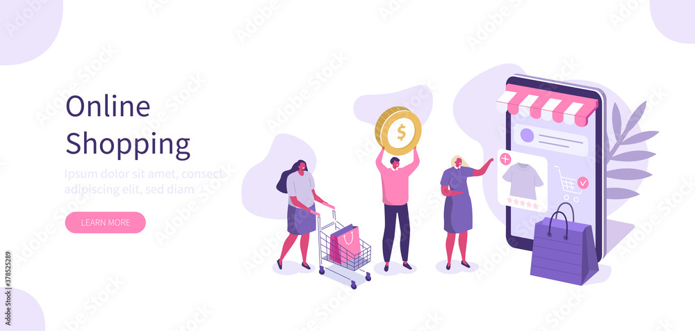 People Characters Buying Goods Online on Internet Marketplace. Female and Male Buying Online in Mobile App. Mobile Shopping and Retail Concept. Flat Isometric Vector Illustration.