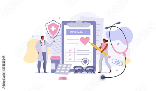 Doctor and Patient in Hospital Office filling Health Insurance Contract. Near lying Medical Pills, Capsules, Stethoscope and other Medical Staff. Healthcare Concept. Flat Cartoon Vector Illustration. 