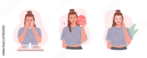 Beauty Girl Take Care of her Face and Use Facial Sheet Mask. Adorable Woman Making Skincare Procedures. Skin Care Routine, Hygiene and Moisturizing Concept. Flat Cartoon Vector Illustration.