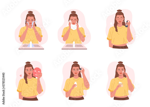 Girl Take Care of her Face and doing Beauty Routine Skincare Procedures. Adorable Woman Washing Face, Applying Facial |Mask, Serum and Moisturizing Cream. Flat Cartoon Vector Illustration.