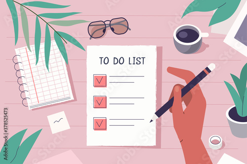 Female Hand holding Pencil and putting Check Marks on To Do List. Modern Office Desk with Planner, Organizer, Notebook. Planning and Personal Organizer Concept.  Flat Cartoon Vector Illustration.