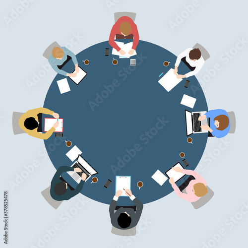 Business meeting top view on circle  table conference office team .vector illustration photo