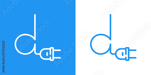 Concepto energía eléctrica. Logotipo lineal letra inicial D con enchufe eléctrico con cable en fondo azul y fondo blanco