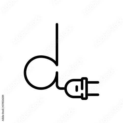 Concepto energía eléctrica. Logotipo lineal letra inicial D con enchufe eléctrico con cable en color negro