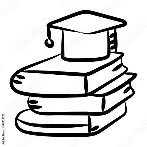 
Mortarboard with books, icon of graduation in doodle style 
