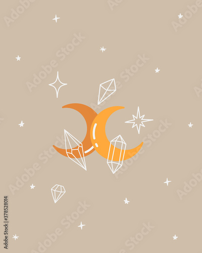Cute poster in the style of boho, moon, stars, and crystals. Magic poster. Starry sky. Celestial