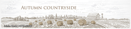 Autumn rural landscape panoramic format with a farm and bales of hay. Illustration in engraving style.