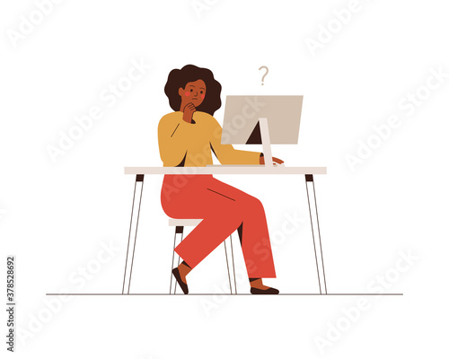 Thoughtful African businesswoman works at the computer and thinks or solves the problem. Vector illustration isolated on white.