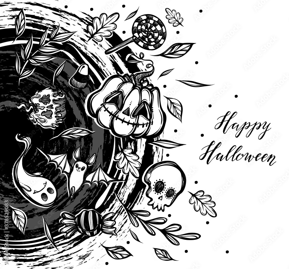 Fototapeta premium Vector illustration, Happy Halloween, magic portal, ghost, pumpkin, bat, leaves. Handmade, background white